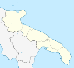 Mapa konturowa Apulii, na dole po prawej znajduje się punkt z opisem „Taurisano”