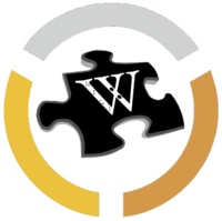 WikiBlind logo. The iconic Wikipedia puzzle piece with the colours that represent the Disability Flag, a white W on a black background, and black Braille spelling "wiki" on the left side of the W, then two big dots for K on the next section. K represents the word Knowledge in English Grade 2 Braille.