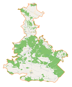 Mapa konturowa powiatu biłgorajskiego, u góry nieco na lewo znajduje się punkt z opisem „Goraj”