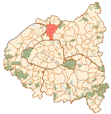Carte de la petite couronne parisienne, avec le territoire de Saint-Denis en rouge.