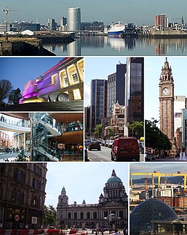 Oben: Skyline Belfast, Mitte: Ulster Museum, Victoria Square, Great Victoria Street, Albert Clock, Unten: Belfast City Hall, Harland & Wolff