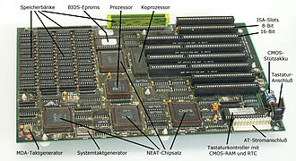 AT-Hauptplatine für 80286er CPUs und 16-Bit-ISA-Steckplätzen, Ende der 1980er Jahre