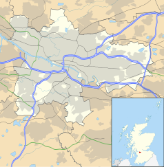 Mapa konturowa Glasgow, blisko centrum u góry znajduje się punkt z opisem „Glasgow Central Station”