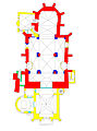 Půdorys přízemí kostela; červená: pozdně gotické zdivo, modrá: renesanční zdivo, béžová: barokní zásahy, zelená: klasicistní zdivo, žlutá: historismus a secese, světle modrá: nové zásahy