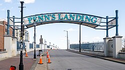 The neon Penn's Landing sign in May 2024