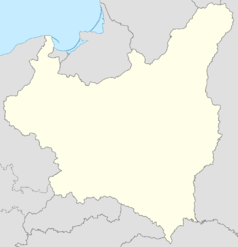 Mapa konturowa Polski w 1939, w centrum znajduje się punkt z opisem „miejsce zdarzenia”