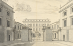 Vy av södra trädgården från fondbyggnaden mot huvudbyggnaden. Nicodemus Tessin (1700).