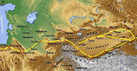 The ancient silk road showing the general location of the pass