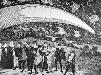 Der Große Komet von 1577 über Prag, (Holzschnitt von Jiri Daschitzsky)