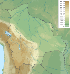 Mapa konturowa Boliwii, po lewej znajduje się czarny trójkącik z opisem „Chacaltaya”