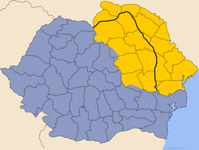 Historická Moldávie, která je na mapě vyznačena žlutě, zahrnuje území dnešního Moldavska, Rumunska a Ukrajiny. Zbytek rumunského území je vyznačen modře. Současná hranice mezi Rumunskem a Moldavskem je vyznačena silnou černou čarou.