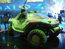 An image of the Warthog prop used in Forward Unto Dawn, a four-wheel-drive, off-road vehicle with a mounted minigun