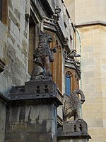 Two of the Cloister's hieroglyphics, the lion and the pelican, in front of the Senior Common Room.