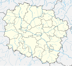 Mapa konturowa województwa kujawsko-pomorskiego, blisko centrum na lewo znajduje się punkt z opisem „Bydgoszcz Żółwin”