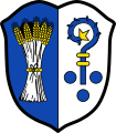 Weizengarben, Bischofsstab und die drei Kugeln als Attribute des heiligen Nikolaus im Wappen der Gemeinde Geldersheim