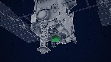 Schéma du tube de prélèvement d'échantillons et de l'impacteur (en vert) de la sonde Hayabusa 2.