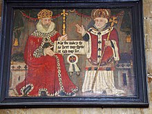 Peinture naïve d'un roi en robe rouge aux côtés d'un évêque à la barbe blanche