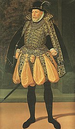 Duke Ulrich of Mecklenburg wearing a doublet and diverted skirt with codpiece（英语：codpiece） and black tights, (1573)