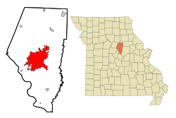 Lage von Columbia im Boone County (links) und in Missouri (rechts)