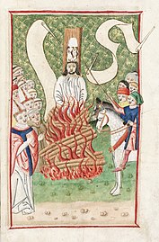 Ян Гус на костре (рисунок Яничека Змилелы в Йенском кодексе)