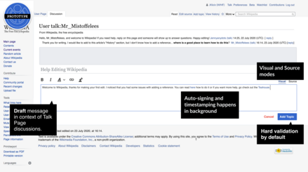This image shows a screenshot of what it could look like to add a new discussion topic to a Wikipedia talk page to someone using the New Discussion Tool's visual mode.