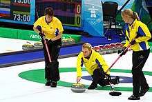 Portrait de trois joueuses de curling en veste jaune et pantalon noir, l'une accroupie au centre tenant une pierre à la main, les deux autres tenant un balai.