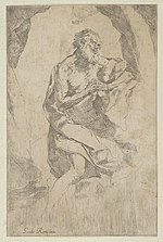Thumbnail for File:Saint Jerome kneeling on a rock in front of a cross and an open book facing right, after Reni MET DP838599.jpg