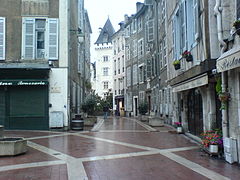 Photographie en couleurs d'une rue piétonne pavée.