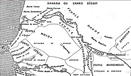Kaart van rond 1850 met historische landen in het stroomgebied van de rivier de Sénégal en de Gambia