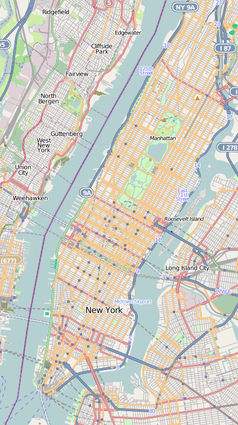 Mapa konturowa Manhattanu, blisko centrum na lewo znajduje się punkt z opisem „Madison Square Garden”
