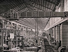 Example of steam powered overhead crane from 1875, produced by Stuckenholz AG, Wetter an der Ruhr, Germany. Design developed by Rudolf Bredt from an original installation at Crewe railway works