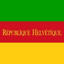 Drapeau à trois bandes horizontales (verte, jaune et rouge), avec l'écriture jaune "République helvétique" sur la bande rouge centrale.