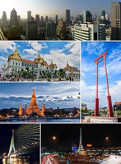 A composite image, consisting of the following, in clockwise fashion: a skyline with several skyscrapers; a tall gate-like structure, painted in red; a monument featuring bronze figures standing around the base of an obelisk, surrounded by a large traffic circle; a cable-stayed bridge with a single pylon on one side of the river it spans; a temple with a large stupa surrounded by four smaller ones on a river bank; and a stately building with a Thai-style roof with three spires