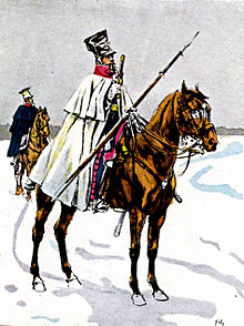 Un cavalier dans la neige, armé d'une lance et tenant un pistolet dans la main.
