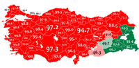 مناطق ترکی‌زبان (سرخ) و کردی‌زبان (سبز) در ترکیه