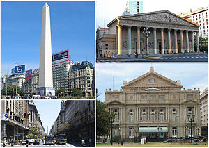 Do topo, da esquerda para a direita: o Obelisco de Buenos Aires; a Catedral Metropolitana de Buenos Aires; a Avenida Roque Sáenz Peña; e o Teatro Colón.