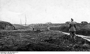 Des officiers allemands viennent observer le champ de bataille et quelques épaves de chars d'assaut anglais, près du village de Bourlon, en novembre 1917.