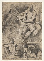 Thumbnail for File:Sheet of studies with St. Jerome, seated at right and resting his right forearm on a book, at left an ecclesiastical figure wearing a cope and miter, and at bottom two putti MET DP832629.jpg
