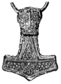 Dessin d'un pendentif Mjöllnir, en argent plaqué d'or, trouvé dans un site archéologique à Öland, en Suède.