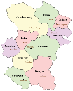 Location of Famenin County in Hamadan province (right, purple)