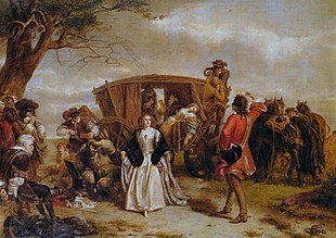 A well-dressed man stands in front of a young woman in 18th-century dress. Behind her, a coach is stopped, and several masked men are armed with pistols. The coach's occupants are in disarray. To the left, another masked man plays a small flute. Before him, an older man sits, his arms tied behind his back.