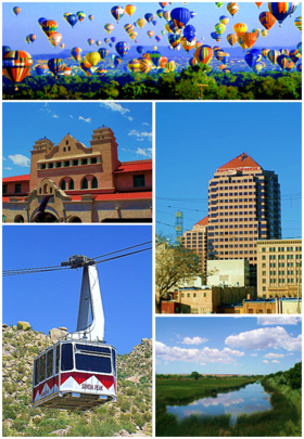 Do topo, da esquerda para a direita: Festa do Balão, Alvarado Transportation Center, Downtown Albuquerque, Sandia Peak Tramway e Rio Grande