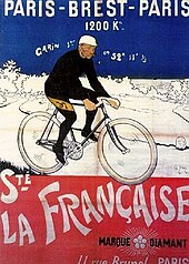 Affiche montrant un cycliste sur fond bleu, blanc et rouge.