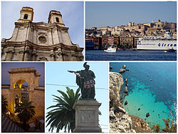 Từ trên xuống, trái qua phải: nhà thờ St. Anne, khung cảnh cảng Cagliari, Bastione Thánh Remy, tượng Vua Carlo Felice của Sardegna và Cala Fighera