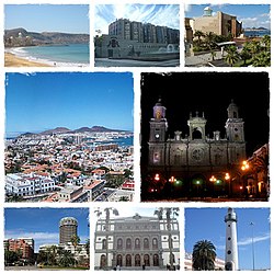 Views of Las Palmas, clockwise from top, Las Canteras Beach, Canaria Local Government Center, Alfredo Kraus Hall, Night of Canaria Catedral, Lighthouse in Las Palmas Port, Perez Galdos Theater, View of Downtown Las Palmas