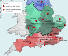 Carte des diocèses anglais, Canterbury apparaît en rouge au sud, Lichfield en vert au centre, York au nord en bleu