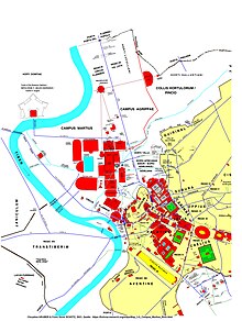 Plan, en jaune zone urbanisée, en rouge monuments publics