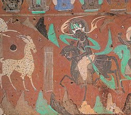 Jataka: Le roi et le Cerf aux neuf couleurs[14]. Wei du Nord (386-534). Peinture murale, H. 96 cm. Grotte de Mogao n° 257.