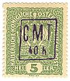 Marcă poștală austriacă cu supratipar românesc C.M.T. (Comandamanentul Militar Teritorial) emisă în anul 1919 la Colomeea, când armata română a ocupat Pocuţia