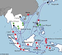 Principales routes commerciales utilisées par les Japonais et implantation des nihonmachi ; les plus peuplées sont en vert, les plus petites en rouge.